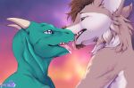 anthro anthro_on_anthro bodily_fluids brown_body brown_fur brown_hair canid canine canis digital_media_(artwork) dragon duo eye_contact face_to_face fur gradient_background green_body green_scales grey_eyes hair hi_res horn kobold long_tongue looking_at_another male male/male mammal mythological_creature mythological_scalie mythology open_mouth orange_sky outside pupils purple_sky reptile saliva saliva_string scales scalie shyryp signature simple_background sky slit_pupils smile sunset tan_body tan_fur teal_body teeth tongue tongue_out white_body white_fur wolf