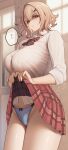  1girl absurdres azur_lane blonde_hair blue_panties bow bowtie breasts brown_eyes clothes_lift collared_shirt commentary_request highres large_breasts lifting_own_clothes multicolored_hair panties plaid_bow plaid_bowtie plaid_clothes plaid_skirt red_bow red_bowtie red_hair red_skirt roon_(azur_lane) shaded_face shirt short_hair skirt skirt_lift solo speech_bubble streaked_hair thick_thighs thighs translation_request underwear white_shirt yomare 