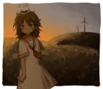  1girl :| angel angel_wings blush border brown_hair closed_mouth commentary dress dusk expressionless feathered_wings from_side grey_wings haibane_renmei hair_between_eyes hakyanshi halo handkerchief highres hill looking_afar medium_hair messy_hair orange_sailor_collar ornate_border outside_border rakka_(haibane_renmei) romaji_commentary sailor_collar sailor_dress short_sleeves solo standing static_cling white_border white_dress wind windmill wings 