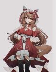  1girl animal_ears black_thighhighs breasts brown_hair closed_mouth coli_(coli_fonta) commentary detached_sleeves dress ear_covers ear_ribbon hair_between_eyes hair_ornament highres horse_ears horse_girl horse_tail long_hair looking_at_viewer multicolored_hair red_dress red_eyes red_ribbon ribbon simple_background small_breasts solo still_in_love_(scarlet_vow_raiment)_(umamusume) still_in_love_(umamusume) streaked_hair tail thighhighs umamusume untranslatable_commentary veil white_streaks white_veil 