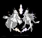  2girls absurdres arknights asic_(2595268715) black_background breasts cleavage closed_mouth commentary_request dated dragon_girl dragon_horns dragon_tail dress fire flame-tipped_tail fold-over_boots full_body greyscale hair_over_one_eye happy_birthday high-low_dress highres holding horns jewelry long_hair monochrome multiple_girls multiple_horns multiple_rings necrass_(arknights) reed_(arknights) reed_the_flame_shadow_(arknights) ring siblings signature simple_background sisters spot_color symmetry tail thighhighs torn_clothes torn_thighhighs very_long_hair 