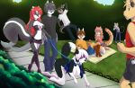  anthro bdsm blindfold canid canine canis crawling domestic_dog dominant dominant_female exhibitionism felid feline female frisbee group janice_carter leash_and_collar male mammal mephitid mouse murid murine nipples nude park picnic rodent sidewalk skunk spazzykoneko walking 