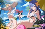  absurdres ahoge barefoot beach blue_eyes blue_hair blue_sky blush braid breasts commentary crossover elf english_commentary eris_greyrat flat_chest flower hair_flower hair_ornament hat highres horizon kieed large_hat long_braid long_hair looking_at_viewer missing_headwear multiple_girls mushoku_tensei ocean palm_tree pointy_ears red_eyes roxy_migurdia sand second-party_source short_hair sky small_breasts smile sun sun_hat sylphiette_(mushoku_tensei) takopii takopii_no_genzai tree twin_braids white_hair witch_hat 