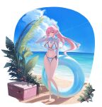  1girl aemeath_(wuthering_waves) alternate_costume beach bikini blue_sky breasts bright_pupils commentary_request full_body heart highres hooded_shrug korean_commentary large_breasts long_hair navel orange_eyes outdoors pink_hair plant ponytail sand see-through_clothes see-through_shrug see-through_sleeves shrug_(clothing) side-tie_bikini_bottom sky smile solo star-shaped_pupils star_(symbol) starblue swimsuit symbol-shaped_pupils tacet_mark_(wuthering_waves) water white_bikini wuthering_waves 