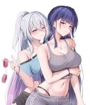  2girls absurdres black_shorts blue_shirt breasts chinese_commentary cleavage commentary_request cuffs diamond-shaped_pupils diamond_(shape) dolphin_shorts gradient_hair grey_shorts grey_tank_top hand_on_another's_shoulder handcuffs high_ponytail highres holding holding_handcuffs honkai_(series) honkai_impact_3rd kiana_kaslana kiana_kaslana_(cramming) kiana_kaslana_(herrscher_of_finality) large_breasts long_hair medium_hair midriff multicolored_hair multiple_girls navel ponytail purple_eyes purple_hair raiden_mei raiden_mei_(apho) shirt shorts simple_background smile symbol-shaped_pupils tank_top two-tone_hair very_long_hair white_background white_hair ying_ling yuri 