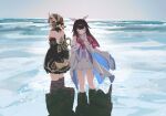  2girls absurdres bare_shoulders black_collar black_hair black_sleeves blue_eyes bonnet brown_hair closed_eyes collar columbina_(genshin_impact) commentary dress eye_mask genshin_impact hair_ornament head_wings headdress highres long_hair long_sidelocks looking_to_the_side mask multicolored_hair multiple_girls multiple_wings nats_(d0ughnats) ocean purple_streaks sandrone_(genshin_impact) short_hair_with_long_locks sidelocks sky standing streaked_hair wading water white_dress white_headdress white_mask white_wings winding_key wing_hair_ornament wings 