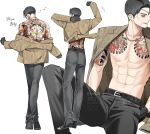  black_hair curtained_hair eyepatch facial_hair gloves goatee hannya irezumi jacket jacket_on_shoulders leather leather_gloves leather_pants majima_goro male_focus mask midriff_peek multiple_views noh_mask off_shoulder one-eyed pants rrrr0000_0 ryuu_ga_gotoku_(series) ryuu_ga_gotoku_1 snake_print snakeskin tattoo yakuza 