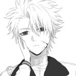  1boy 1girl bleach bleach:_sennen_kessen-hen blood blood_on_face chain coat commentary cuts empty_eyes english_commentary expressionless female_pov greyscale highres hitsugaya_toushirou injury kurosaki_karin light_frown long_sleeves monochrome portrait pov silegesi turtleneck wandenreich_uniform 