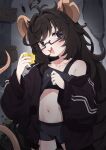  1girl :3 :d absurdres ahoge animal_ears antenna_hair black-framed_eyewear black_eyes black_hair black_jacket black_shirt black_shorts buck_teeth cheese clothes_lift collarbone commentary cowboy_shot food glasses highres holding holding_food indie_virtual_youtuber jacket lifting_own_clothes long_hair long_sleeves looking_at_viewer messy_hair midriff mouse_ears mouse_girl mouse_tail navel off_shoulder open_clothes open_jacket open_mouth ririgaki semi-rimless_eyewear shirt shirt_lift short_shorts shorts smile solo tail teeth under-rim_eyewear upper_teeth_only valefal_coneri very_long_hair 