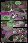  absurd_res anthro car clothed clothing comic duo english_text female forest hi_res hybrid magic_user male outside plant reptile roxythefoxy scalie slithering snake text tree vehicle 