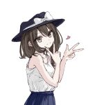  1girl alternate_costume asymmetrical_hair black_hat blue_skirt bow brown_eyes brown_hair closed_mouth collarbone commentary hair_between_eyes hat hat_bow heart highres kashiwada_kiiho looking_at_viewer shirt shirt_tucked_in simple_background skirt smile solo tank_top touhou usami_renko v w white_background white_bow white_shirt white_tank_top 