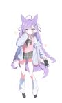  1girl absurdres ahoge aoumi_art black_shoes bow bowtie braid closed_mouth collared_shirt cone_hair_bun double_bun fang fox_tail full_body grey_bow grey_bowtie grey_skirt hair_bun hair_ornament hair_ribbon hair_rings handheld_game_console highres holding holding_handheld_game_console jacket jacket_partially_removed leg_warmers low_twin_braids nintendo_switch one_eye_closed open_clothes open_jacket pink_sweater_vest plaid_bow plaid_bowtie plaid_clothes plaid_skirt purple_hair ribbon shirt shoes simple_background skirt sleeves_past_wrists solo star_(symbol) stellive sweater_vest tail tenko_shibuki twin_braids unmoving_pattern v virtual_youtuber white_background white_jacket white_leg_warmers white_ribbon white_shirt x_hair_ornament yellow_eyes 