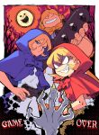  1other 3girls absurdres apron b.b._hood bare_tree basket blank_eyes blonde_hair blue_bow blue_bowtie blue_capelet blue_dress blue_eyes border bow bowtie capelet closed_eyes club_(weapon) darkstalkers defeat drawstring dress evil_grin evil_smile finger_on_trigger fingernails full_moon game_over grin gun hand_up handgun highres holding holding_basket holding_club holding_gun holding_weapon hood hood_up looking_at_another moon multiple_girls partially_bordered picnic_basket pom_pom_(clothes) prototype_design red_bow red_bowtie red_capelet red_dress red_sky serious shaded_face sharp_fingernails sharp_teeth short_hair sky smile spdcooler spiked_club standing teeth tree v-shaped_eyes weapon white_apron white_border yellow_bow yellow_bowtie yellow_capelet yellow_dress 