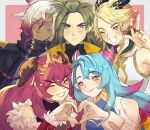  2girls 3boys :d ;d aqua_hair blonde_hair closed_mouth commentary dragalia_lost dragon_boy dragon_girl dragon_horns english_commentary fang fur_trim green_eyes green_hair grey_hair hair_between_eyes heart heart_hands heart_hands_duo highres horns humanoid_jupiter_(dragalia_lost) humanoid_mercury_(dragalia_lost) humanoid_midgardsormr_(dragalia_lost) humanoid_zodiark_(dragalia_lost) long_bangs long_hair long_sleeves looking_at_viewer multicolored_hair multiple_boys multiple_girls mym_(dragalia_lost) one_eye_closed open_mouth orange_eyes pink_hair pointy_ears purple_eyes red_eyes red_hair short_hair skin_fang sleeveless smile sweatdrop two-tone_hair upper_body vaccariia w 