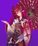  1girl absurdres black_horns blue_eyes closed_mouth commentary cowboy_shot earrings english_commentary furisode heterochromia highres holding holding_umbrella hololive hololive_english horns irys_(hololive) irys_(new_year)_(hololive) japanese_clothes jewelry kimono long_hair looking_at_viewer multicolored_hair multicolored_kimono obi official_alternate_costume official_alternate_hairstyle oil-paper_umbrella pink_eyes pointy_ears print_kimono purple_background purple_hair purple_sash ranox red_streaks sash simple_background smile solo star-shaped_pupils star_(symbol) star_print starry_sky_print streaked_hair symbol-shaped_pupils umbrella very_long_hair virtual_youtuber wide_sleeves 