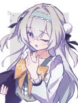  1girl bow bowtie firefly_(honkai:_star_rail) grey_eyes grey_hair hair_between_eyes hair_intakes highres honkai:_star_rail honkai_(series) looking_at_viewer ninji665102 official_alternate_costume one_eye_closed open_mouth shirt sidelocks sleepy solo upper_body white_shirt yawning yellow_bow yellow_bowtie 