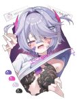  1girl absurdres alternate_costume bandaid bandaid_on_face black_choker blush chest_jewel choker doom_yorusen drooling fuwawa_abyssgard gem hair_between_eyes hair_intakes highres hololive hololive_english jewel_under_eye koseki_bijou lingerie looking_at_viewer open_mouth pebble_(koseki_bijou) purple_eyes purple_gem raised_inner_eyebrows saliva shirt short_twintails simple_background sweat sweatdrop t-shirt tearing_up twintails underwear upper_body virtual_youtuber white_background white_shirt 