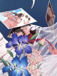  1boy 1girl blue_flower blurry blush chinese_commentary closed_mouth commentary_request flower flower_request iris_(flower) love_and_deepspace official_alternate_costume parted_bangs photo_(object) pink_flower polaroid_photo protagonist_(love_and_deepspace) short_hair sunlight sylus_(love_and_deepspace) sylus_(lovespeed_ride)_(love_and_deepspace) watermark weibo_username weibo_watermark white_hair zhishuo418 