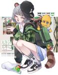  1girl :3 absurdres alternate_costume animal_ears animal_nose backpack bag baseball_cap black_hat black_jacket blush camouflage camouflage_jacket can cellphone commentary doom_yorusen drinking_straw eyebrows_hidden_by_hair fang full_body green_bag grey_eyes grey_hair happy hat highres holding holding_can holding_phone jacket leaf leaf_on_head looking_at_viewer mode_aim multicolored_jacket multicolored_shoes one_eye_closed open_mouth peanuts-kun phone plastic_bag plastic_bottle ponpoko_(vtuber) raccoon raccoon_ears raccoon_girl raccoon_tail red_bull shoes short_hair shorts simple_background skin_fang smartphone smile snack sneakers socks squatting tail tank_top two-tone_jacket two-tone_shoes untranslatable_commentary virtual_youtuber white_background white_shoes white_shorts white_socks white_tank_top youtube 