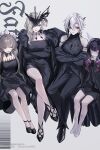  4girls alternate_costume arlecchino_(genshin_impact) arms_under_breasts bare_shoulders black_dress black_eyes black_gloves black_hair black_hands black_pants black_shoes blonde_hair blue_eyes breasts brown_hair closed_eyes coat coat_on_shoulders colored_extremities columbina_(genshin_impact) commentary_request crossed_arms crossed_legs dress elbow_gloves eye_mask fur-trimmed_coat fur_trim genshin_impact gloves grey_background grey_hair head_wings highres kukatsuma long_hair looking_at_viewer maid_headdress mask multicolored_hair multiple_girls pants ponytail purple_hair sandrone_(genshin_impact) shoes short_hair_with_long_locks signora_(genshin_impact) sitting streaked_hair symbol-shaped_pupils two-tone_hair wings x-shaped_pupils 