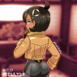  1girl artist_name ass black_bodysuit black_gloves black_hair bodysuit bodysuit_under_clothes brown_jacket closed_mouth commentary_request cowboy_shot cowlick dark-skinned_female dark_skin derivative_work emma_(pokemon) from_behind gloves hair_ornament hand_on_own_chin hand_on_own_hip impossible_bodysuit impossible_clothes jacket latex latex_bodysuit long_sleeves multicolored_gloves obake_occultus orange_gloves pokemon pokemon_legends:_z-a pokemon_tcg purple_eyes short_hair skin_tight solo standing twitter_username two-tone_gloves 