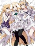  3girls angel_wings armor armored_dress bare_shoulders black_pantyhose blonde_hair blue_dress blush bracelet braid braided_ponytail breasts bridal_gauntlets commentary_request dress fate/grand_order fate_(series) feathered_wings gauntlets grey_sweater halo headphones headpiece highres jeanne_d'arc_(fate) jewelry juliet_sleeves korean_commentary large_breasts long_hair long_sleeves looking_at_viewer low_twintails lying medium_breasts metatron_jeanne_(fate) metatron_jeanne_(first_ascension)_(fate) metatron_jeanne_(second_ascension)_(fate) metatron_jeanne_(third_ascension)_(fate) multiple_girls multiple_persona multiple_wings nekwnek off_shoulder on_back one_eye_closed open_mouth pantyhose puffy_sleeves shirt striped_clothes striped_sweater sweater thighhighs thighs twintails very_long_hair white_dress white_shirt white_thighhighs wings yellow_eyes 