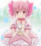  1girl absurdres blush bow bubble_skirt choker closed_mouth commentary_request dress frilled_dress frilled_skirt frills gloves hair_bow highres hitode kaname_madoka kaname_madoka_(magical_girl) magical_girl mahou_shoujo_madoka_magica mahou_shoujo_madoka_magica_(anime) pink_bow pink_choker pink_dress pink_hair puffy_short_sleeves puffy_sleeves short_dress short_hair short_sleeves short_twintails skirt solo soul_gem twintails white_gloves white_skirt 