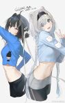  2girls ahoge alternate_costume arknights arm_up artist_name aurora_(arknights) bear_girl bear_hair_ornament bear_tail black_hair black_hairband black_pants black_pantyhose blue_eyes blue_hair blue_shirt breasts brown_eyes closed_mouth commentary cowboy_shot cropped_legs cropped_shirt dated dot_nose eyes_visible_through_hair gradient_hair grey_background grey_hair grey_shorts hair_intakes hair_ornament hair_over_one_eye hair_ribbon hairband hairclip hand_up la_pluma_(arknights) lal!role light_blush long_hair long_sleeves looking_at_viewer medium_breasts medium_hair midriff multicolored_hair multiple_girls navel official_artist_extra one_eye_closed one_side_up open_mouth pants pantyhose ribbon shirt short_shorts shorts signature simple_background small_breasts smile tail turning_head two-tone_hair untranslatable_commentary v very_long_hair watermark weibo_username weibo_watermark white_background white_ribbon 