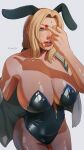  1girl absurdres animal_ears artist_name black_leotard blonde_hair breasts commentary drawink english_commentary facial_mark fake_animal_ears forehead_mark highres large_breasts leotard looking_at_viewer mature_female middle_finger nail_polish naruto_(series) orange_eyes playboy_bunny ponytail rabbit_ears red_nails solo strapless strapless_leotard tsunade_(naruto) white_background 