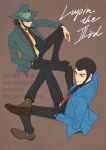  2boys arsene_lupin_iii beard black_hair black_necktie black_pants black_shirt blue_jacket border cigarette closed_mouth collared_shirt commentary_request facial_hair fedora full_beard green_hat green_jacket grin hand_in_pocket hand_up hat hat_over_eyes hat_tip highres jacket jigen_daisuke lapels locked_arms long_sleeves lupin_iii male_focus medium_hair multiple_boys necktie notched_lapels pants purple_shirt red_necktie shaded_face shirt short_hair sideburns smile suit_jacket tie_clip twitter_username udun10rol watermark waving white_background yellow_border 