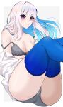  1girl ass bare_shoulders blue_hair blue_thighhighs bra breasts cleavage colored_inner_hair commentary grey_bra grey_panties hair_ornament highres lize_helesta long_hair looking_at_viewer medium_breasts multicolored_hair nijisanji off_shoulder open_clothes open_shirt panties purple_eyes shirt shunga_(shun608) simple_background solo thighhighs thighs underwear virtual_youtuber white_background white_hair white_shirt 