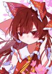  1girl absurdres ascot blush bow brown_eyes brown_hair cherry_blossoms closed_mouth commentary detached_sleeves falling_petals flower frilled_bow frilled_hair_tubes frills hair_bow hair_tubes hakurei_reimu highres long_hair petals pink_flower pink_petals red_bow ribbon-trimmed_sleeves ribbon_trim solo touhou upper_body yellow_ascot yutsuko 