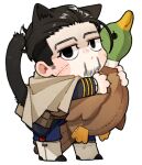  1boy animal_ears animal_hands bird black_eyes black_hair blue_jacket blue_pants blush_stickers boots brown_cloak cat_ears cat_tail cloak closed_mouth commentary_request duck facial_hair full_body goatee_stubble golden_kamuy hair_slicked_back jacket loose_hair_strand ma9l4raa male_focus military_uniform ogata_hyakunosuke pants scar scar_on_cheek scar_on_face short_hair simple_background solid_eyes solo standing stubble stuffed_animal stuffed_toy tail white_background white_boots 
