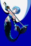  1girl absurdres alternate_species bare_shoulders blue_background blue_eyes blue_hair bodice cape chinese_commentary commentary_request detached_collar detached_sleeves dthemouren full_body glint gloves hair_ornament highres holding holding_sword holding_weapon mahou_shoujo_madoka_magica mahou_shoujo_madoka_magica_(anime) merfolk mermaid miki_sayaka miki_sayaka_(magical_girl) monster_girl monsterification musical_note musical_note_hair_ornament oktavia_von_seckendorff short_hair simple_background solo sword weapon white_cape white_gloves 