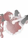  1girl black_pantyhose bow detached_sleeves donggan_maotiao dress feet_out_of_frame flat_color food food_in_mouth frilled_dress frills from_above hair_bow highres knees_up long_hair looking_at_viewer looking_up magical_girl mahou_shoujo_madoka_magica mahou_shoujo_madoka_magica_(anime) pantyhose pocky pocky_in_mouth red_dress red_eyes red_hair sakura_kyoko sakura_kyoko_(magical_girl) simple_background sitting sleeveless sleeveless_dress solo white_background 