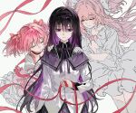  3girls absurdres akemi_homura akemi_homura_(magical_girl) black_hair black_hairband bow capelet choker closed_eyes colored_inner_hair donggan_maotiao dress dual_persona expressionless gloves hair_bow hairband hand_on_another's_shoulder highres holding holding_ribbon jacket kaname_madoka kaname_madoka_(magical_girl) long_hair magical_girl mahou_shoujo_madoka_magica mahou_shoujo_madoka_magica_(anime) multicolored_hair multiple_girls neck_ribbon pink_hair puffy_short_sleeves puffy_sleeves purple_capelet purple_eyes red_choker red_ribbon ribbon short_sleeves short_twintails simple_background smile standing string string_of_fate twintails two_side_up ultimate_madoka white_background white_dress white_gloves white_jacket 
