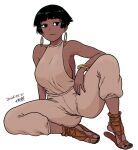  1girl ancient_egyptian bare_shoulders black_eyeliner black_eyes black_hair black_nails bracelet breasts commentary_request dark-skinned_female dark_skin dated earrings eyeliner feet gold_bracelet halterneck hoop_earrings jewelry large_breasts legs long_sidelocks looking_at_viewer makeup nail_polish nefertari_(tsukudani) no_bra open-toe_shoes original puffy_pants short_hair sideboob sidelocks signature simple_background sitting sleeveless spread_legs thighs toenail_polish toenails toes tsukudani_(coke-buta) white_background 