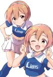  1girl :d ;d black_socks blue_shirt blush collared_shirt commentary_request cropped_shirt hairband hand_on_own_hip hands_up highres hoshizora_rin kneehighs looking_at_viewer love_live! love_live!_school_idol_project midriff miniskirt multiple_views navel one_eye_closed open_mouth orange_hair saitama_seibu_lions sen_(sen0910) shirt short_hair short_sleeves simple_background skirt smile socks standing white_background white_hairband white_skirt yellow_eyes 