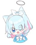  1girl :d animal_ears arona_(blue_archive) bad_id bad_twitter_id blue_archive blue_eyes blush braid cat_ears chibi chibi_only colored_inner_hair cropped_torso eyes_visible_through_hair hairband halo kemonomimi_mode looking_at_viewer multicolored_hair open_mouth poko050498 short_hair side_braid simple_background single_braid smile solo two-tone_hair upper_body white_background white_hairband 