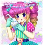  1girl 2000s_(style) :d artist_name blonde_hair blush colorful decora disposable_gloves drill_hair eighth_note hand_sanitizer highres holding humanization jirai_kei linchevatel looking_at_viewer lyrics multicolored_hair musical_note official_alternate_costume pink_hair purple_eyes rainbow smile solo teri_(tawog) the_amazing_world_of_gumball twin_drills two-tone_hair unicorn 