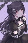  1girl absurdres argyle_background black_bow black_dress black_gloves black_hair black_nails blush bow breasts collarbone commentary_request dress elbow_gloves fingernails gloves hair_ornament hair_rings heart heart_hair_ornament highres idolmaster idolmaster_shiny_colors light_smile long_hair looking_at_viewer mayuzumi_fuyuko medium_breasts nail_polish pixel_heart powder_is_kona solo very_long_hair 