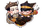  2boys animal_ears black_eyes black_hair black_shoes blue_jacket blue_pants blush_stickers brown_cloak brown_hair cat_ears cheek_poking cherry cloak cocktail_glass commentary_request cup dog_ears drinking_glass facial_hair food fruit goatee_stubble golden_kamuy hair_slicked_back hat jacket kepi ma9l4raa male_focus military_hat multiple_boys ogata_hyakunosuke pants paw_print peaked_cap poking scar scar_on_cheek scar_on_face scarf shoes simple_background solid_eyes stubble sugimoto_saichi sweatdrop white_background yellow_eyes yellow_scarf 