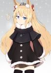  1girl absurdres animal_ear_fluff animal_ears black_capelet black_dress black_thighhighs blonde_hair blue_eyes blush brown_sweater capelet closed_mouth commentary_request dress fur-trimmed_dress fur-trimmed_sleeves fur_trim highres long_hair long_sleeves nyaha original sleeves_past_wrists snowing solo sweater sweater_under_dress thighhighs translation_request two_side_up very_long_hair 