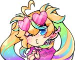  1girl ahoge arielle_(vtuber) blonde_hair blowing_kiss blue_eyes chibi choker commentary earrings english_commentary eyewear_on_head fur_jacket hair_between_eyes heart heart-shaped_eyewear heart_ahoge heart_earrings highres indie_virtual_youtuber jacket jewelry long_hair looking_at_viewer multicolored_hair one_eye_closed pink-tinted_eyewear pink_choker pink_jacket rainbow_hair solo tinted_eyewear twintails virtual_youtuber x3dustco 