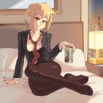  1girl barefoot blonde_hair breasts brown_pantyhose can cigarette closed_mouth collarbone commentary desk_lamp english_commentary feet full_body holding holding_can holding_cigarette indoors katawa_shoujo lamp necktie on_bed open_clothes pantyhose red_eyes red_necktie rtil satou_akira short_hair sitting smirk solo toes undone_necktie window 