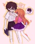 !? 1boy 1girl absurdres aged_down bad_id bad_twitter_id black_shorts blush blush_stickers book brown_eyes brown_hair collared_shirt commentary cropped_legs crossed_bangs dress elizabeth_afton father_and_child father_and_daughter feet_out_of_frame finger_in_own_mouth five_nights_at_freddy's frilled_dress frills highres hiji_(hijichan) holding holding_book michael_afton orange_hair outline pale_skin parent_and_child pink_background pink_shirt purple_skirt shirt shorts signature skirt socks speech_bubble sweatdrop thighhighs thought_bubble untranslatable_commentary white_shirt white_socks white_thighhighs yellow_outline 