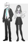 1boy 1girl \||/ ^_^ alternate_costume aqua_necktie arknights arm_at_side arm_behind_back belt belt_buckle breasts buckle cardigan chinese_commentary closed_eyes commentary_request doctor_(anime)_(arknights) doctor_(arknights) grey_background greyscale hair_over_shoulder hairband hand_on_own_hip highres jacket loafers long_hair looking_at_viewer low_ponytail male_doctor_(arknights) medium_breasts monochrome neck_ribbon necktie open_cardigan open_clothes open_jacket outside_border pants pantyhose ponytail priestess_(arknights) purple_ribbon ribbon shirt shoes simple_background skirt spot_color standing sweater sweater_tucked_in turtleneck turtleneck_sweater untucked_shirt waving yomi_tamashi 