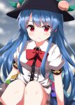  1girl :t apron back_bow black_hat blue_bow blue_hair blurry blush bow bowtie breasts center_frills closed_mouth commentary_request depth_of_field frilled_skirt frills fruit_hat_ornament hat hat_ornament highres hinanawi_tenshi leaf_hat_ornament long_hair looking_at_viewer medium_breasts peach_hat_ornament pout puffy_short_sleeves puffy_sleeves red_bow red_bowtie red_eyes ruu_(tksymkw) shirt short_sleeves skirt solo touhou very_long_hair waist_apron white_apron white_shirt 