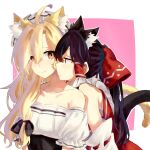  2girls ahoge alternate_costume animal_ear_fluff animal_ears bare_shoulders black_bow blonde_hair blush bow brown_hair cat_ears cat_girl cat_tail closed_mouth commentary dress english_commentary frilled_bow frilled_hair_tubes frills hair_bow hair_tubes hakurei_reimu highres kemonomimi_mode kirisame_marisa long_hair multiple_girls neat_ad4816 off-shoulder_dress off_shoulder red_bow red_eyes tail touhou white_dress yuri 