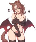  1girl absurdres animal_ears arm_under_breasts bandeau bare_shoulders black_bandeau black_gloves black_panties black_thighhighs black_wings blush breasts brown_hair brown_tail cleavage commentary_request contrapposto cowboy_shot demon_wings ear_ornament elbow_gloves gloves groin hair_between_eyes hakutaqanta highres horse_ears horse_girl horse_tail large_breasts long_hair looking_at_viewer low_wings mejiro_palmer_(umamusume) multicolored_hair navel nose_blush open_mouth panties ponytail simple_background skindentation smile solo stomach streaked_hair tail thighhighs thighs umamusume underwear white_background white_streaks wings 